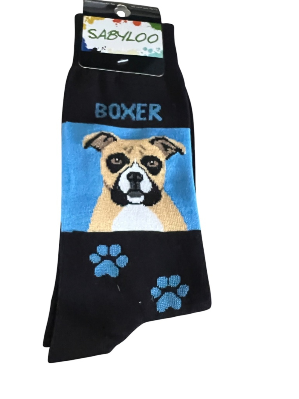 Sabyloo Boxer Socks Size 10-13, EUR sock size 41-46. Black/Blue/Brown PawPrints